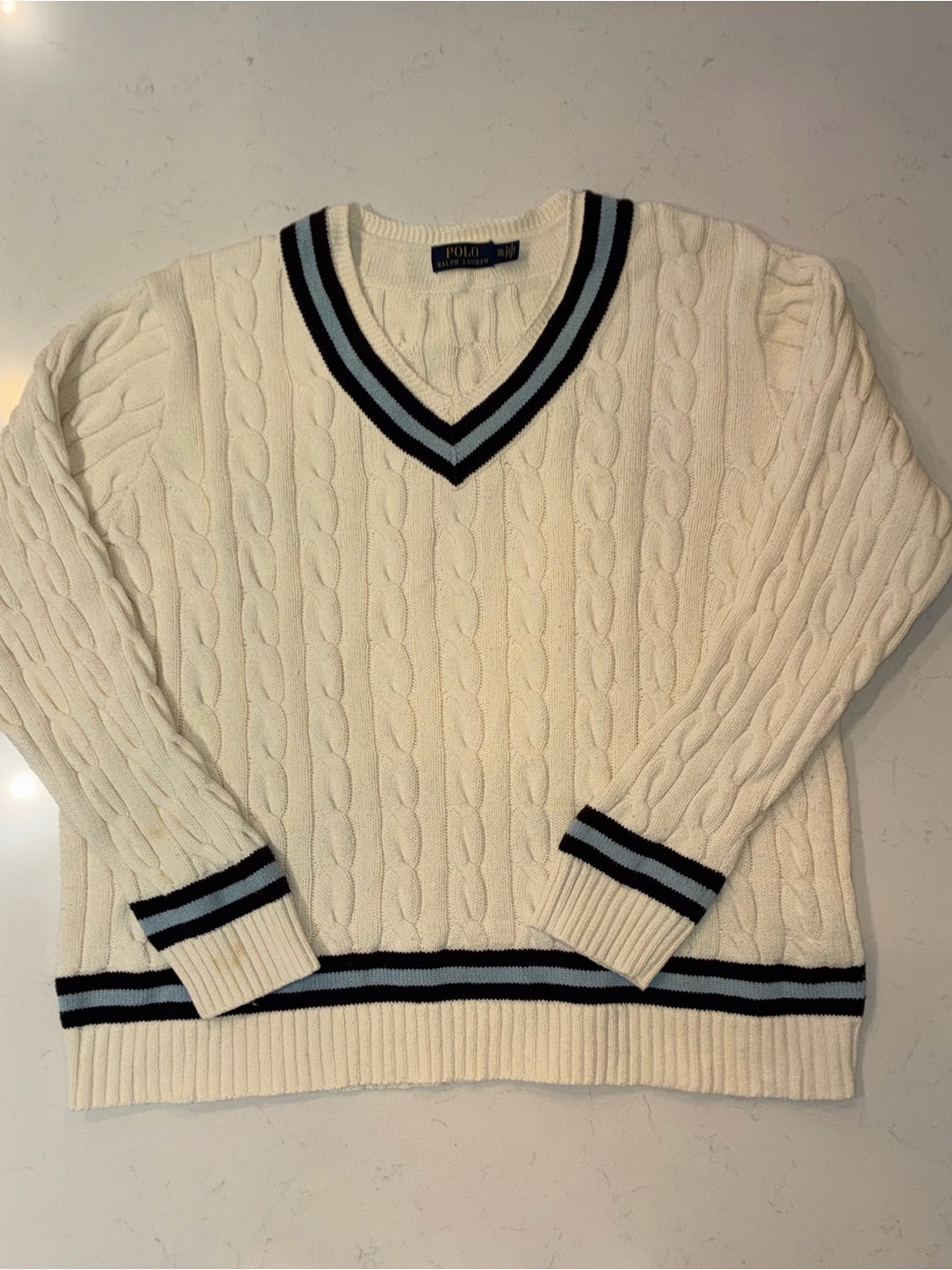 Ralph Lauren Cream Cable-Knit V-Neck Sweater with Navy & Light Blue Trim